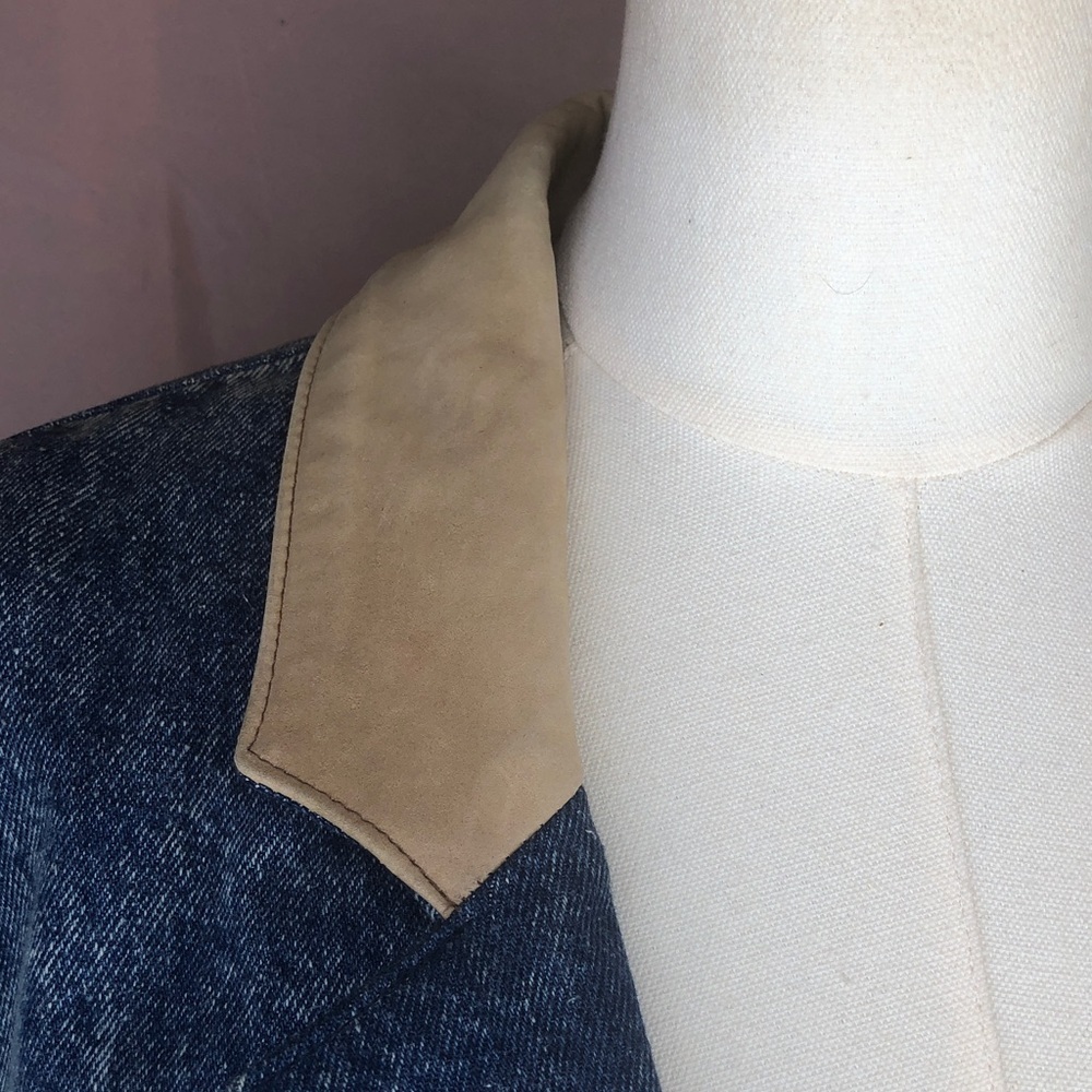 Vintage Blue Denim Western Country Leather Tan Collar Fringe Size Large Like New - Picture 11 of 16